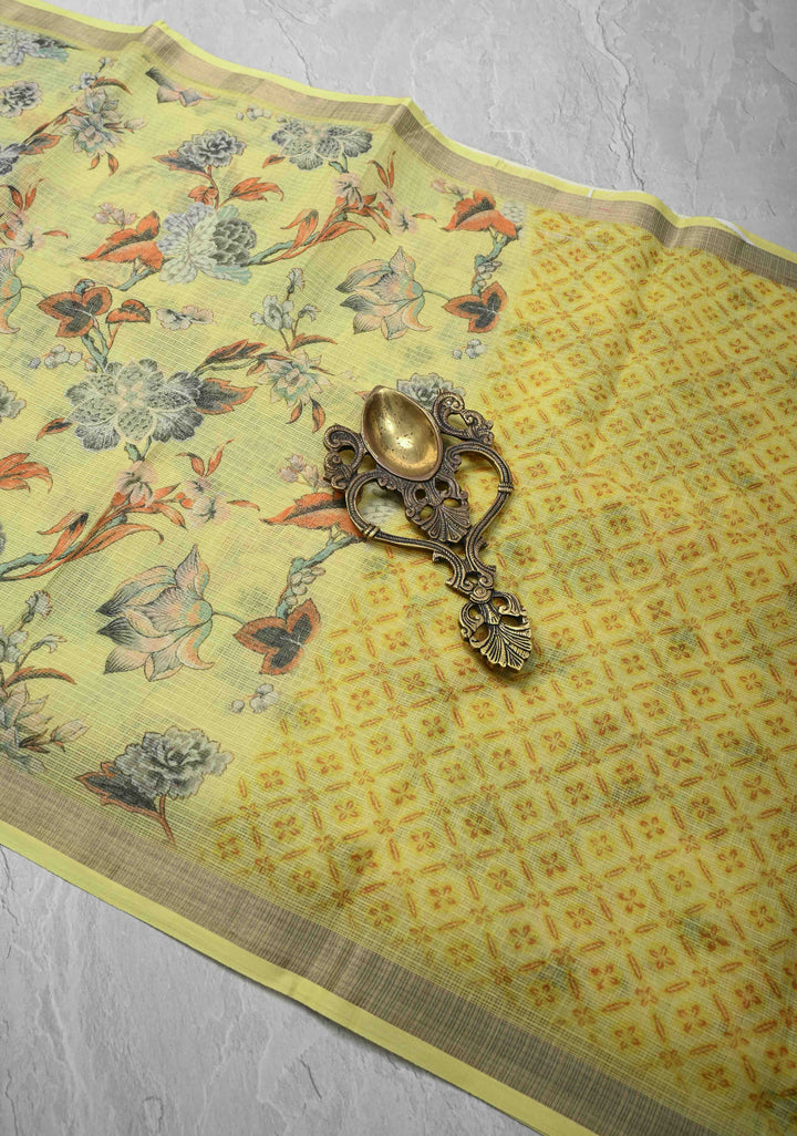 Butter Yellow Kota Doria Cotton Saree with Floral Digital Print And Minimal Zari Border
