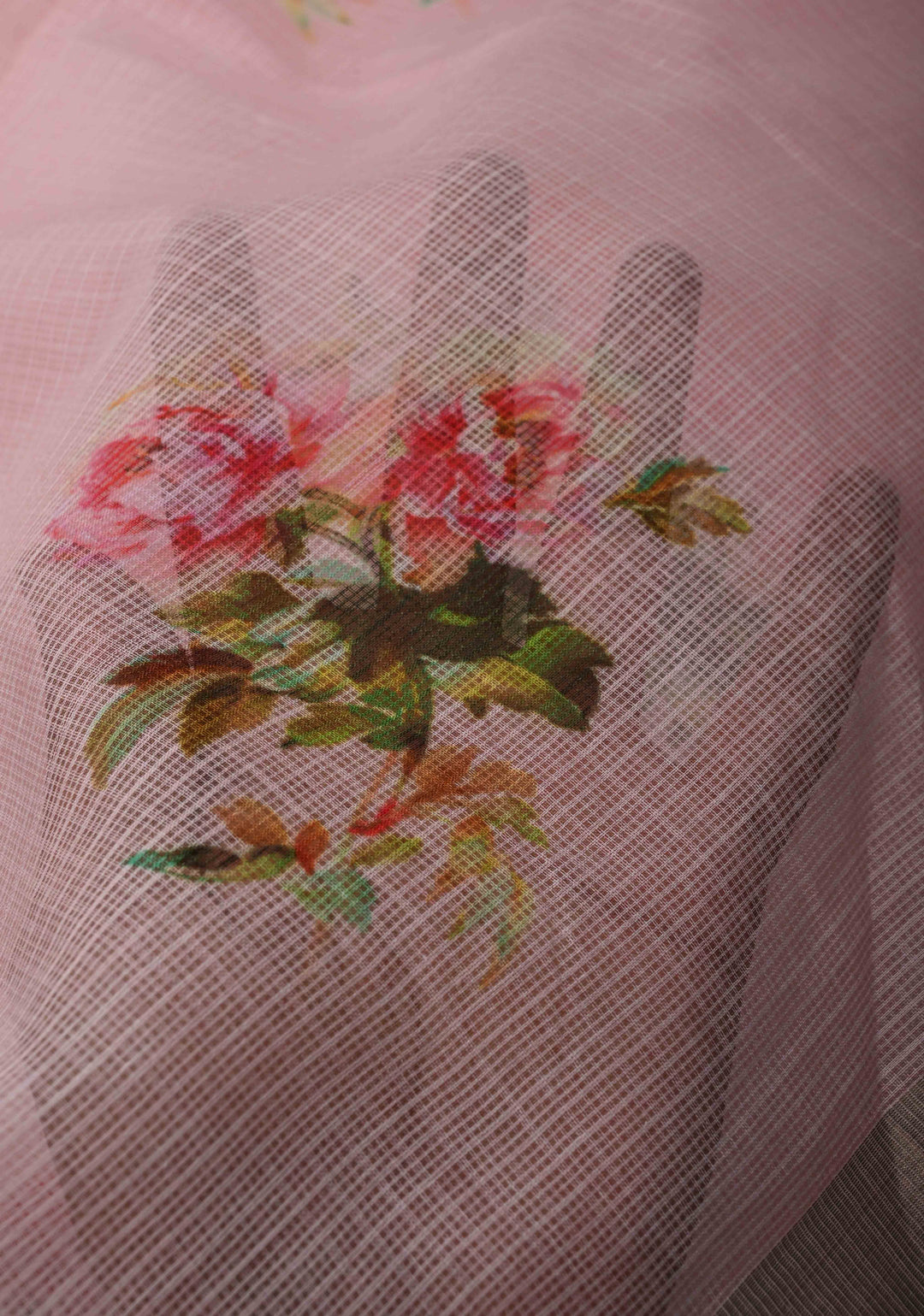 Baby Pink Kota Doria Cotton Saree with Floral Digital Print And Minimal Zari Border