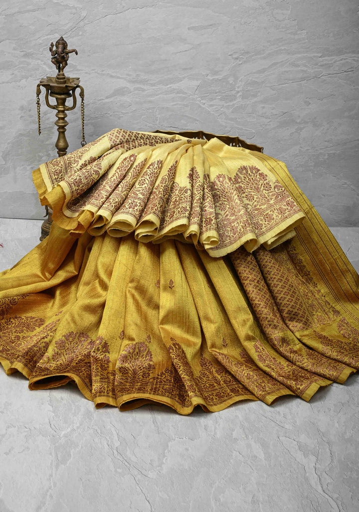 Ombre Yellow Banarasi Raw Silk Saree with Antique Zari Buttis & Zari Border | SILK MARK CERTIFIED