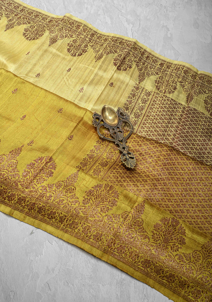 Ombre Yellow Banarasi Raw Silk Saree with Antique Zari Buttis & Zari Border | SILK MARK CERTIFIED