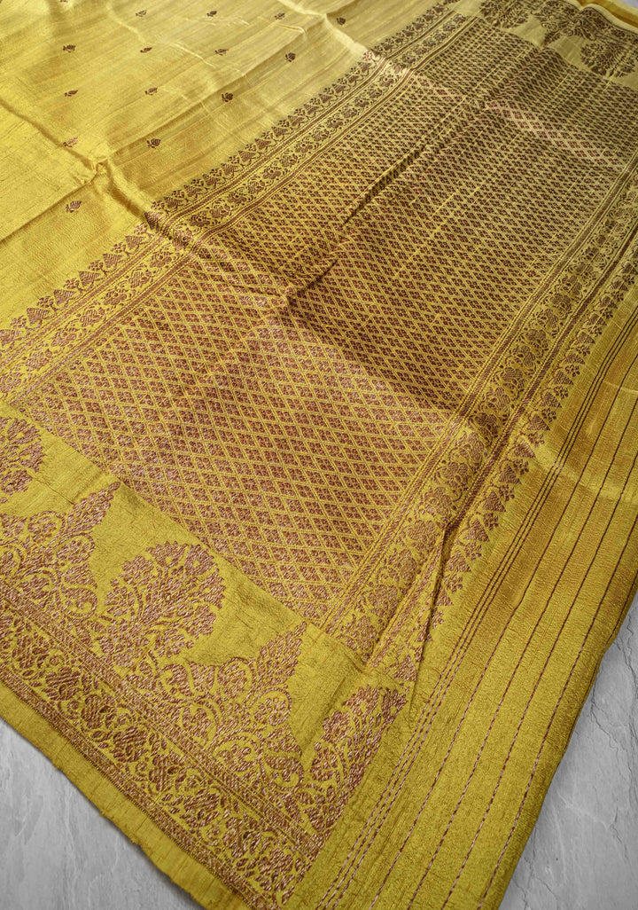 Ombre Yellow Banarasi Raw Silk Saree with Antique Zari Buttis & Zari Border | SILK MARK CERTIFIED