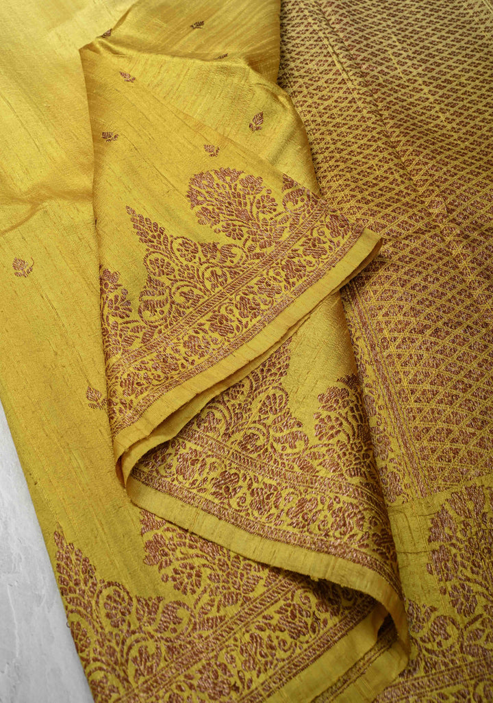 Ombre Yellow Banarasi Raw Silk Saree with Antique Zari Buttis & Zari Border | SILK MARK CERTIFIED