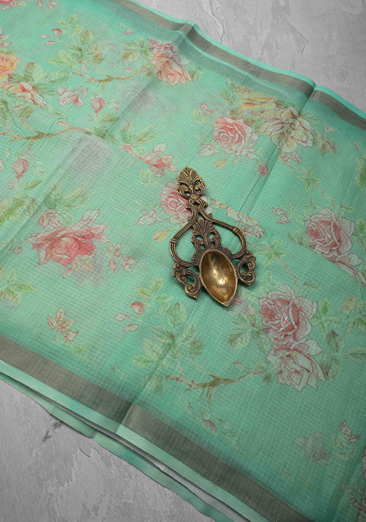 Sea Green Kota Doria Cotton Saree with Floral Digital Print and Zari Border