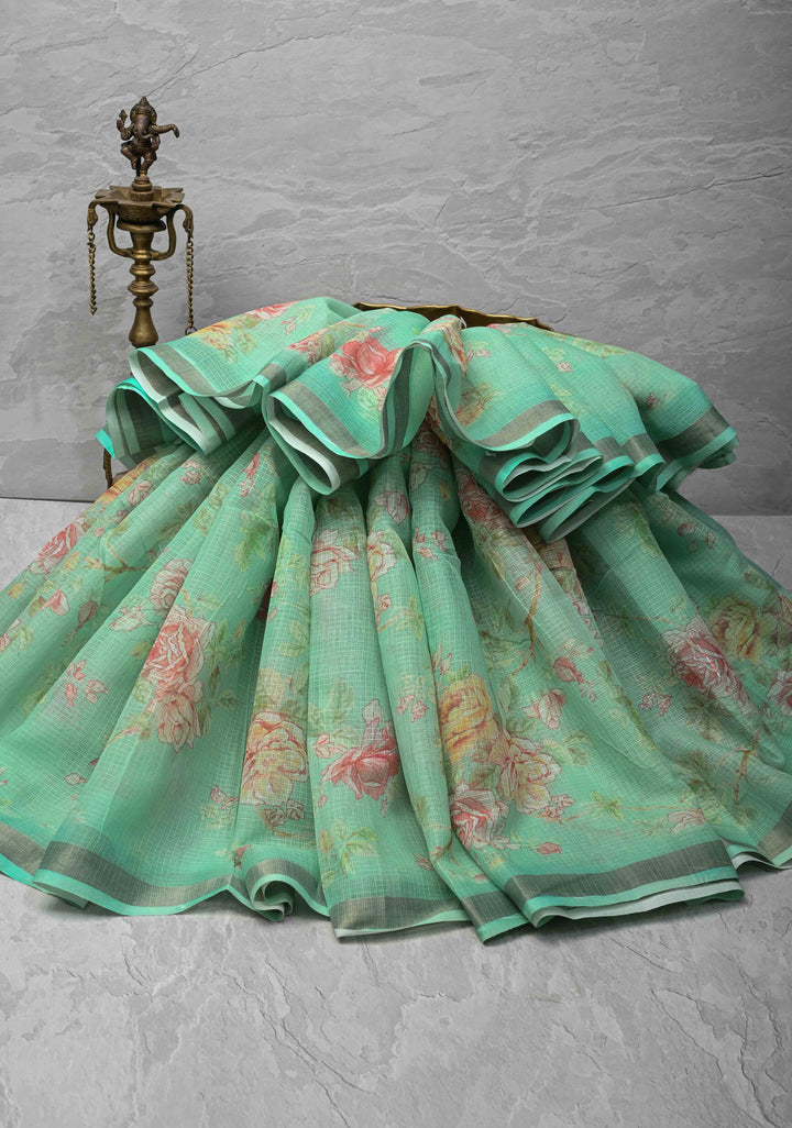 Sea Green Kota Doria Cotton Saree with Floral Digital Print and Zari Border