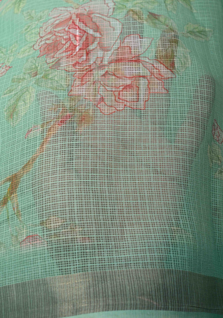 Sea Green Kota Doria Cotton Saree with Floral Digital Print and Zari Border