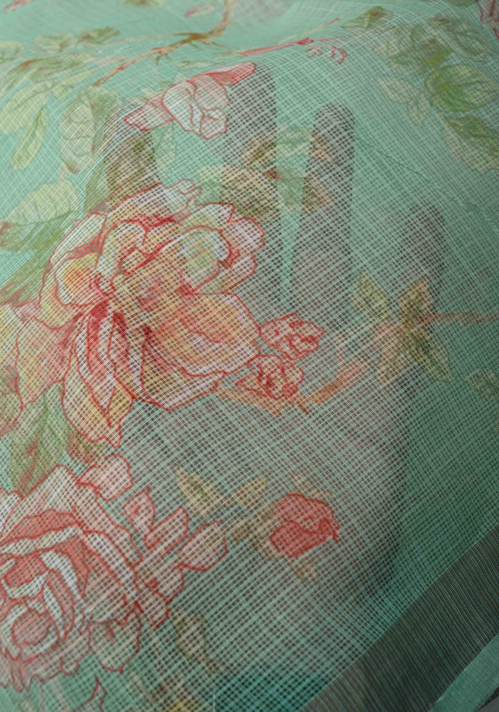 Sea Green Kota Doria Cotton Saree with Floral Digital Print and Zari Border