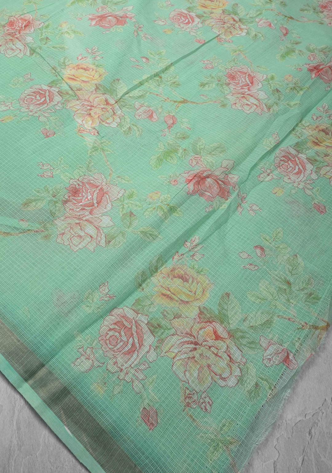 Sea Green Kota Doria Cotton Saree with Floral Digital Print and Zari Border