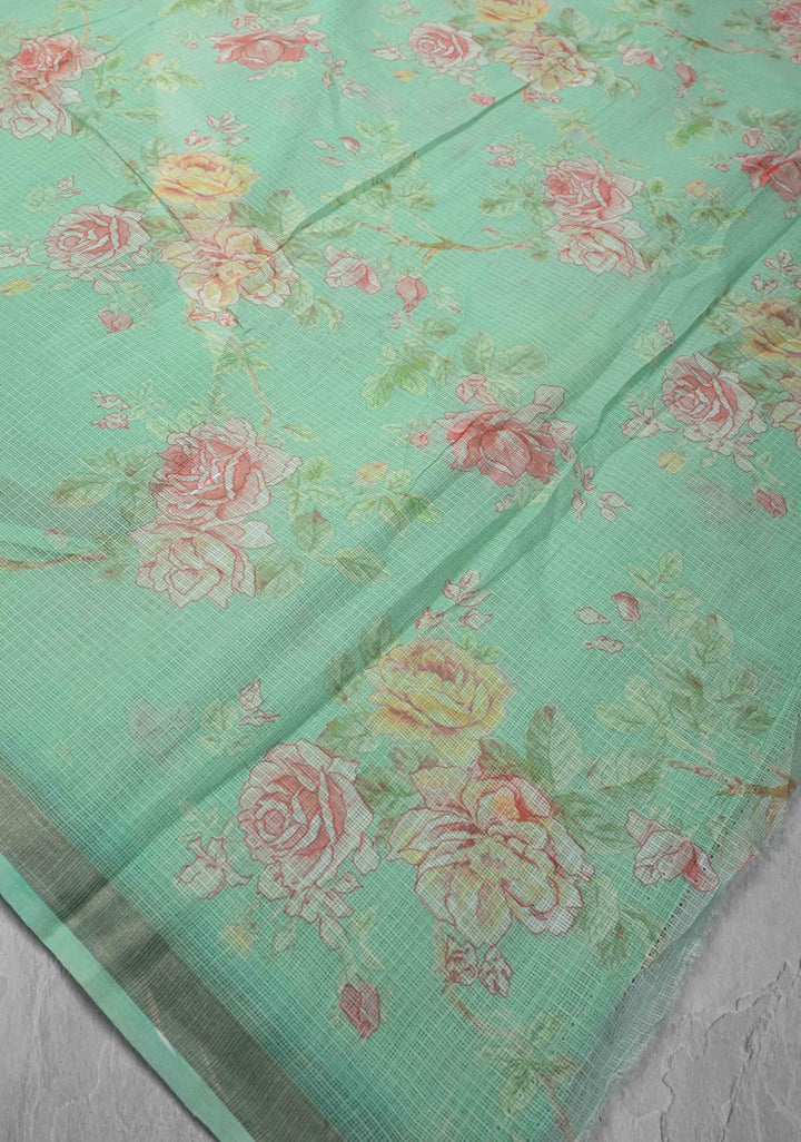 Sea Green Kota Doria Cotton Saree with Floral Digital Print and Zari Border
