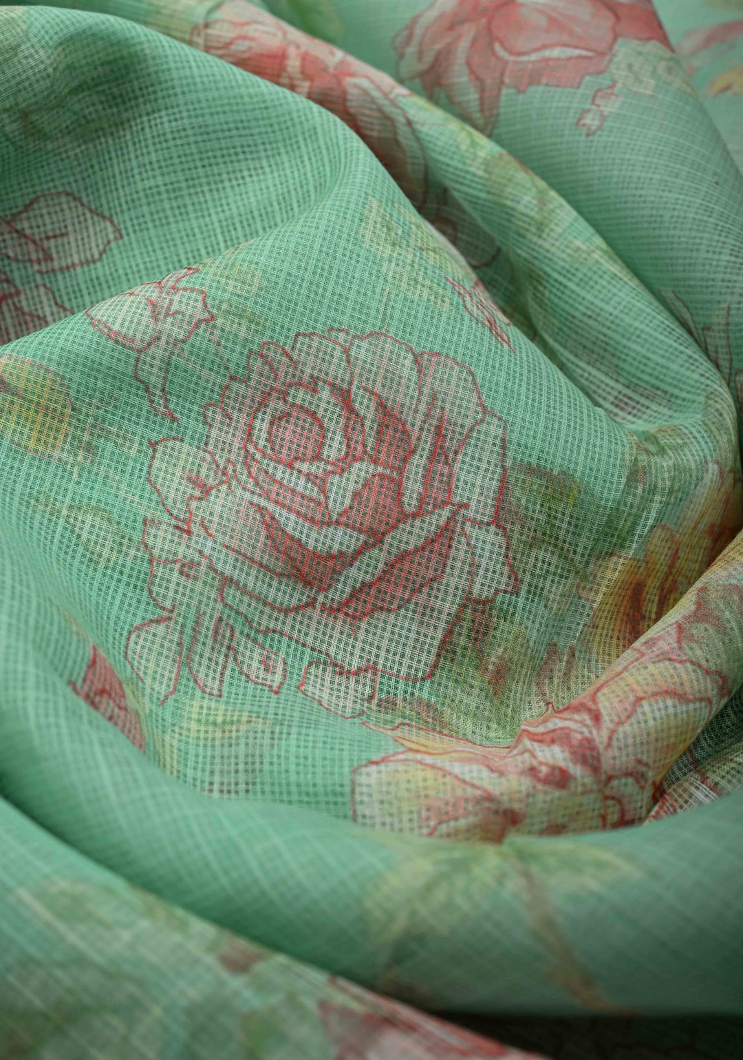 Sea Green Kota Doria Cotton Saree with Floral Digital Print and Zari Border