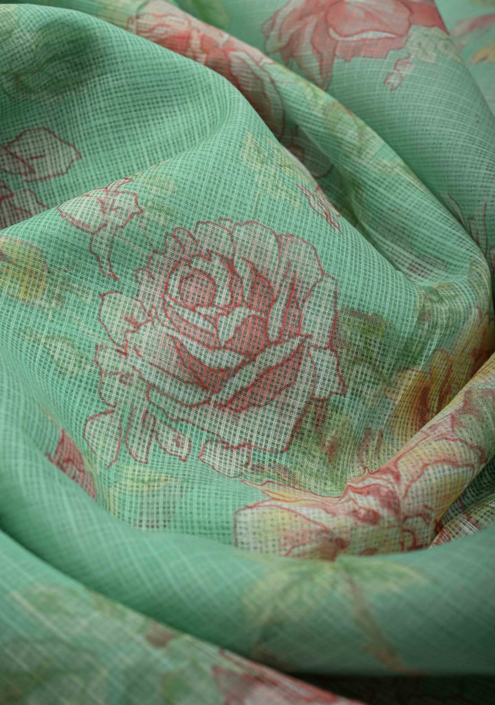 Sea Green Kota Doria Cotton Saree with Floral Digital Print and Zari Border