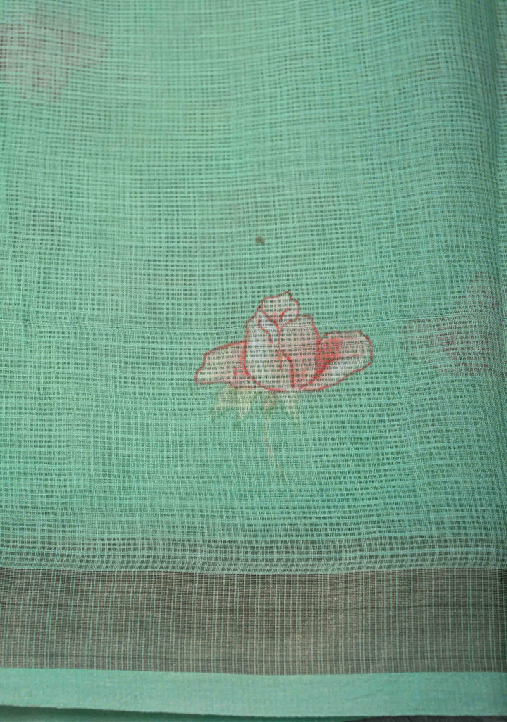 Sea Green Kota Doria Cotton Saree with Floral Digital Print and Zari Border