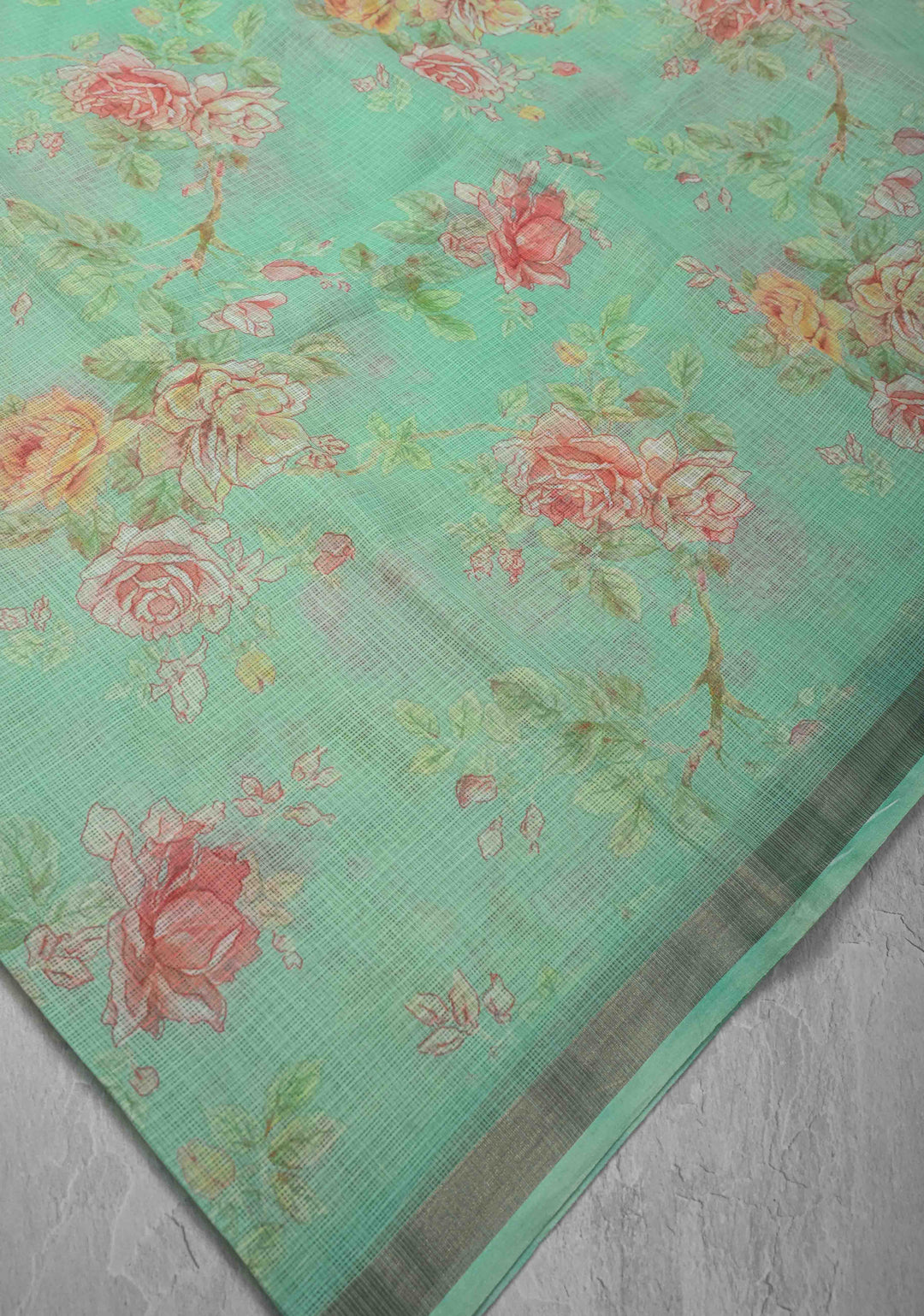 Sea Green Kota Doria Cotton Saree with Floral Digital Print and Zari Border