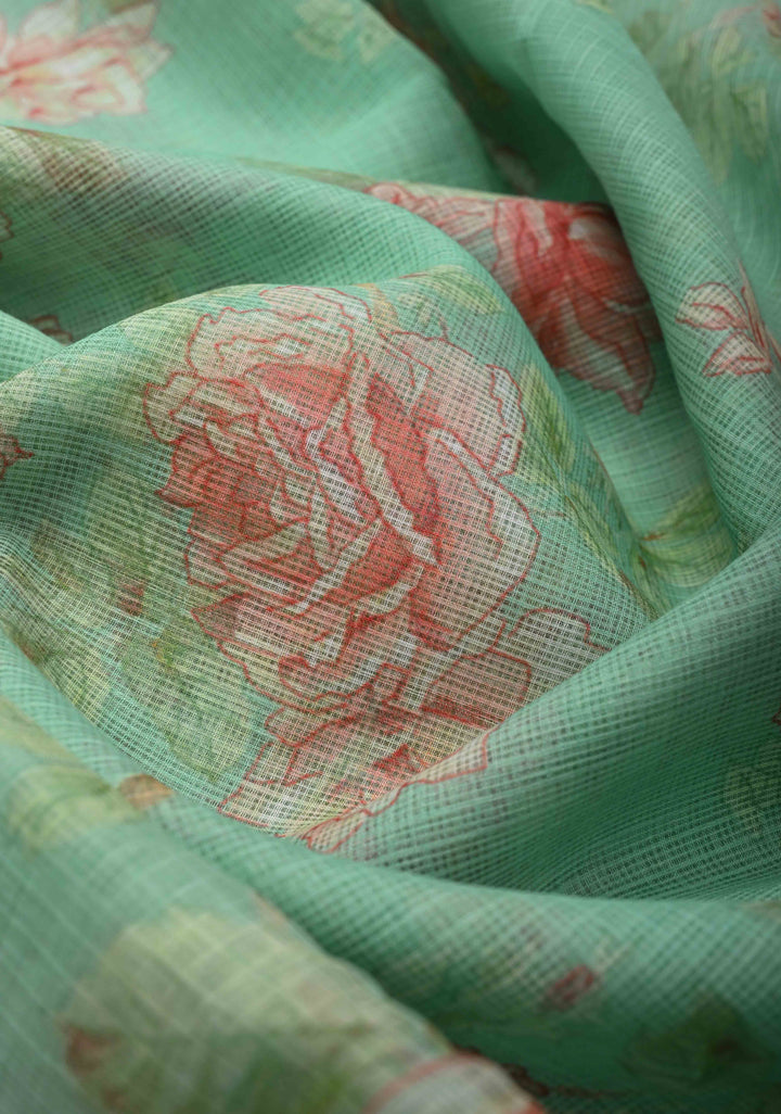 Sea Green Kota Doria Cotton Saree with Floral Digital Print and Zari Border
