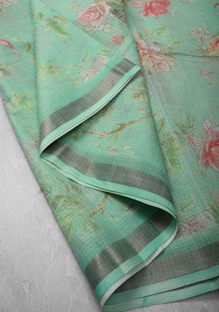 Sea Green Kota Doria Cotton Saree with Floral Digital Print and Zari Border