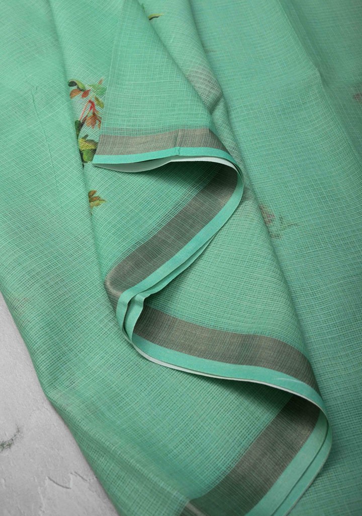 Sea Green Kota Doria Cotton Saree with Floral Digital Print and Zari Border