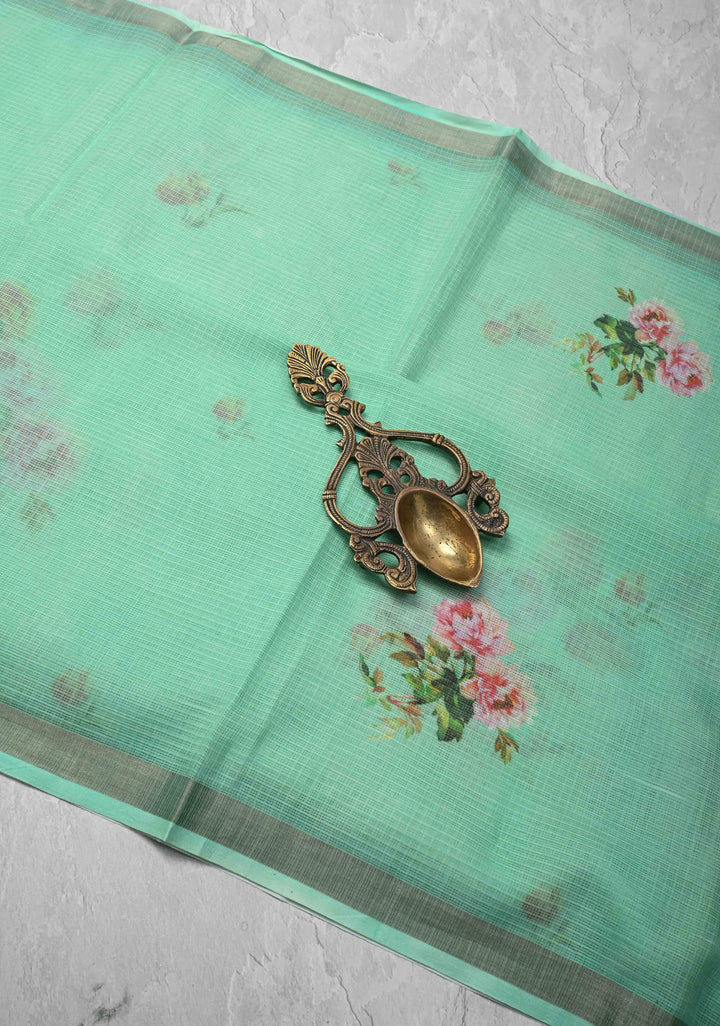 Sea Green Kota Doria Cotton Saree with Floral Digital Print and Zari Border