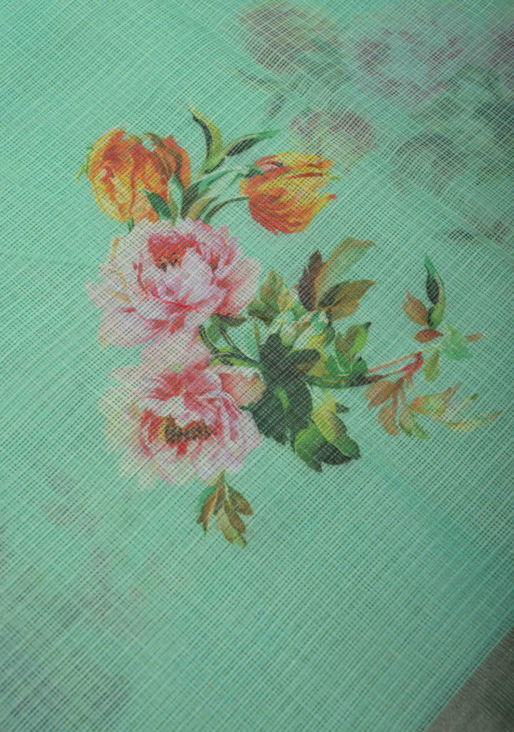 Sea Green Kota Doria Cotton Saree with Floral Digital Print and Zari Border