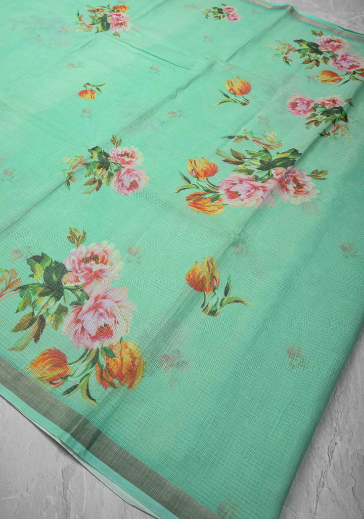 Sea Green Kota Doria Cotton Saree with Floral Digital Print and Zari Border