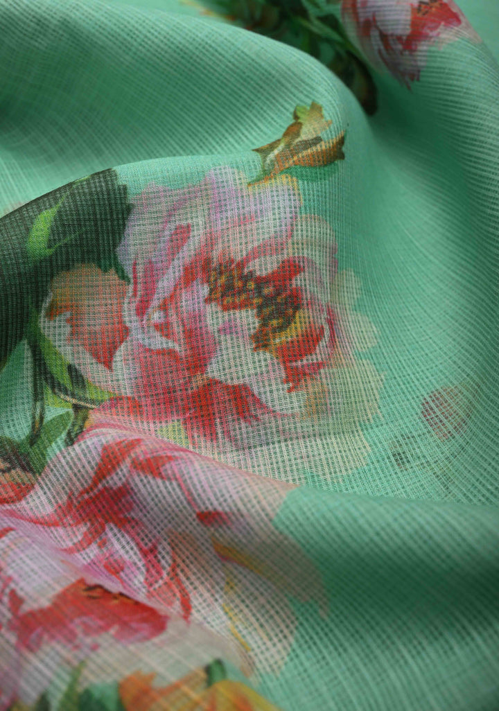 Sea Green Kota Doria Cotton Saree with Floral Digital Print and Zari Border