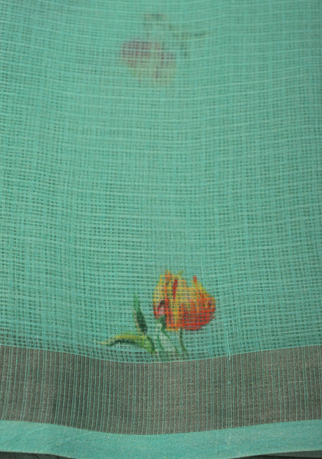 Sea Green Kota Doria Cotton Saree with Floral Digital Print and Zari Border