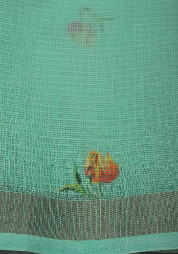 Sea Green Kota Doria Cotton Saree with Floral Digital Print and Zari Border