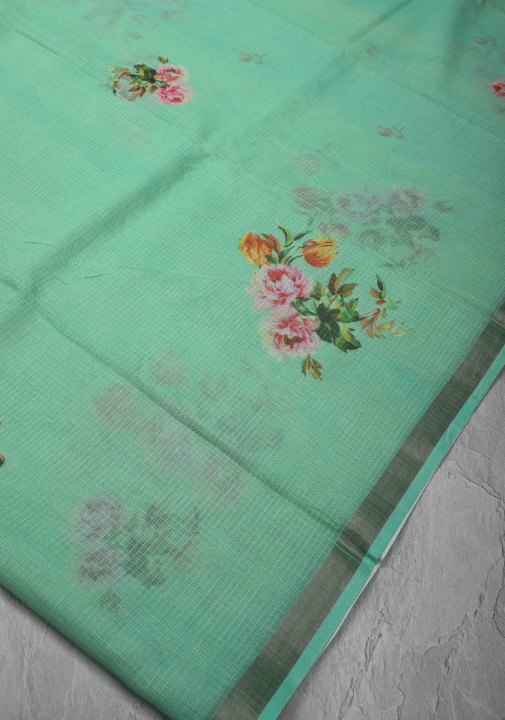 Sea Green Kota Doria Cotton Saree with Floral Digital Print and Zari Border