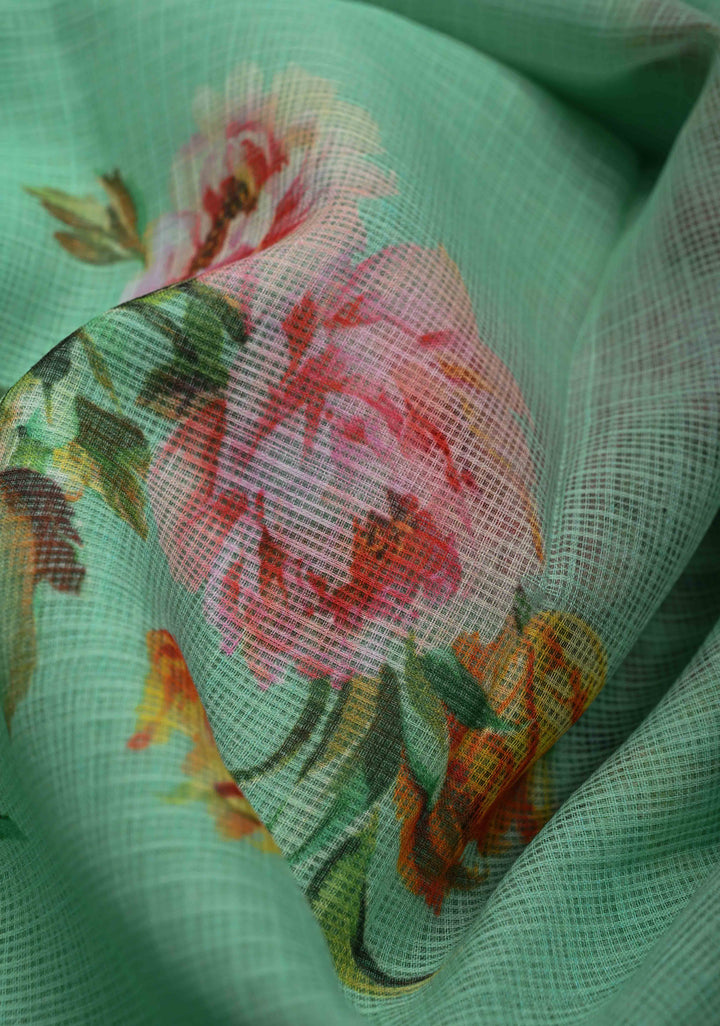 Sea Green Kota Doria Cotton Saree with Floral Digital Print and Zari Border