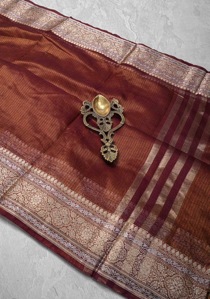 Plum Purple Kota Doria Tissue Cotton Saree with Sona Rupa Zari Border