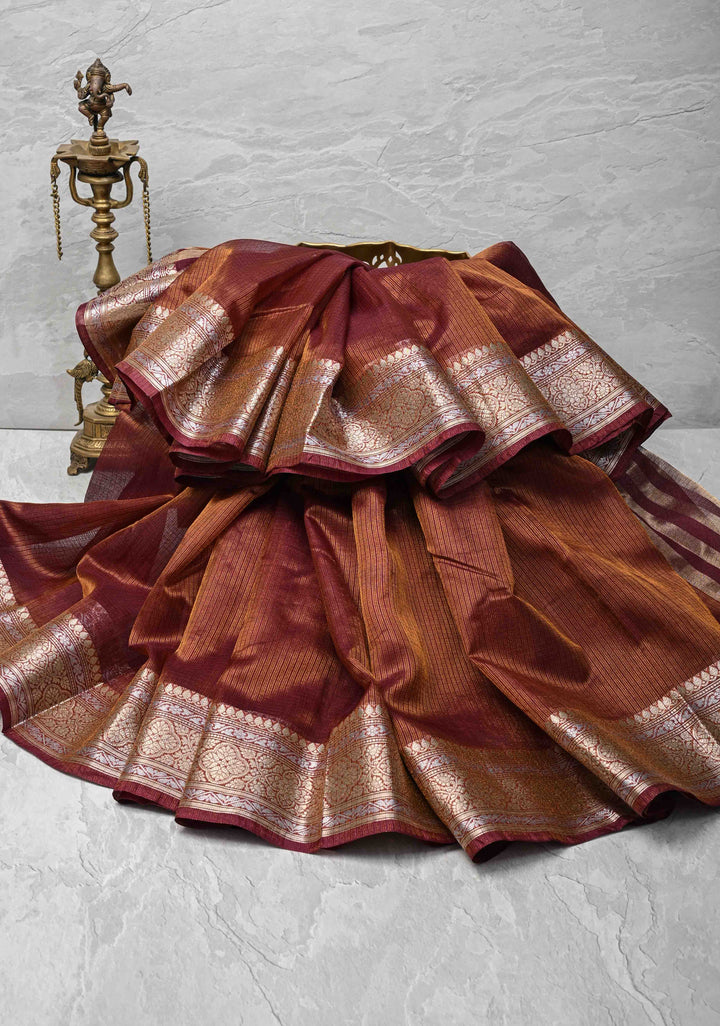 Plum Purple Kota Doria Tissue Cotton Saree with Sona Rupa Zari Border