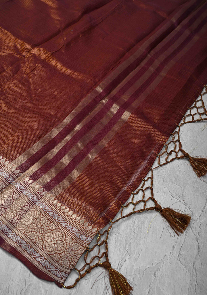 Plum Purple Kota Doria Tissue Cotton Saree with Sona Rupa Zari Border