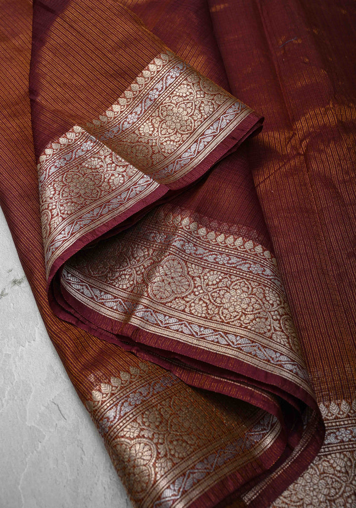 Plum Purple Kota Doria Tissue Cotton Saree with Sona Rupa Zari Border