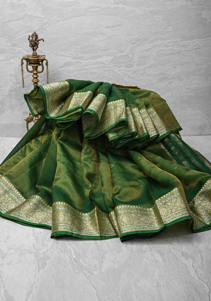 Green Kota Doria Tissue Cotton Saree with Sona Rupa Zari Border