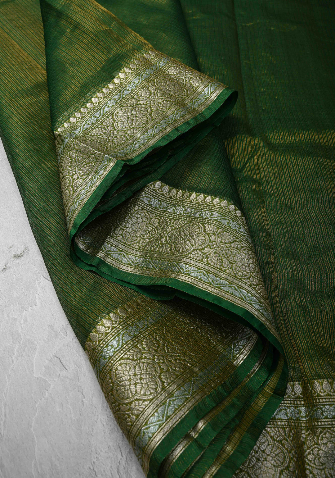 Green Kota Doria Tissue Cotton Saree with Sona Rupa Zari Border