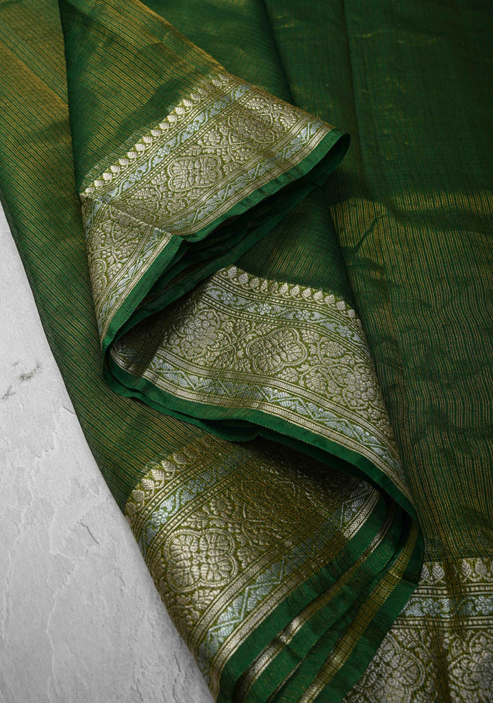 Green Kota Doria Tissue Cotton Saree with Sona Rupa Zari Border