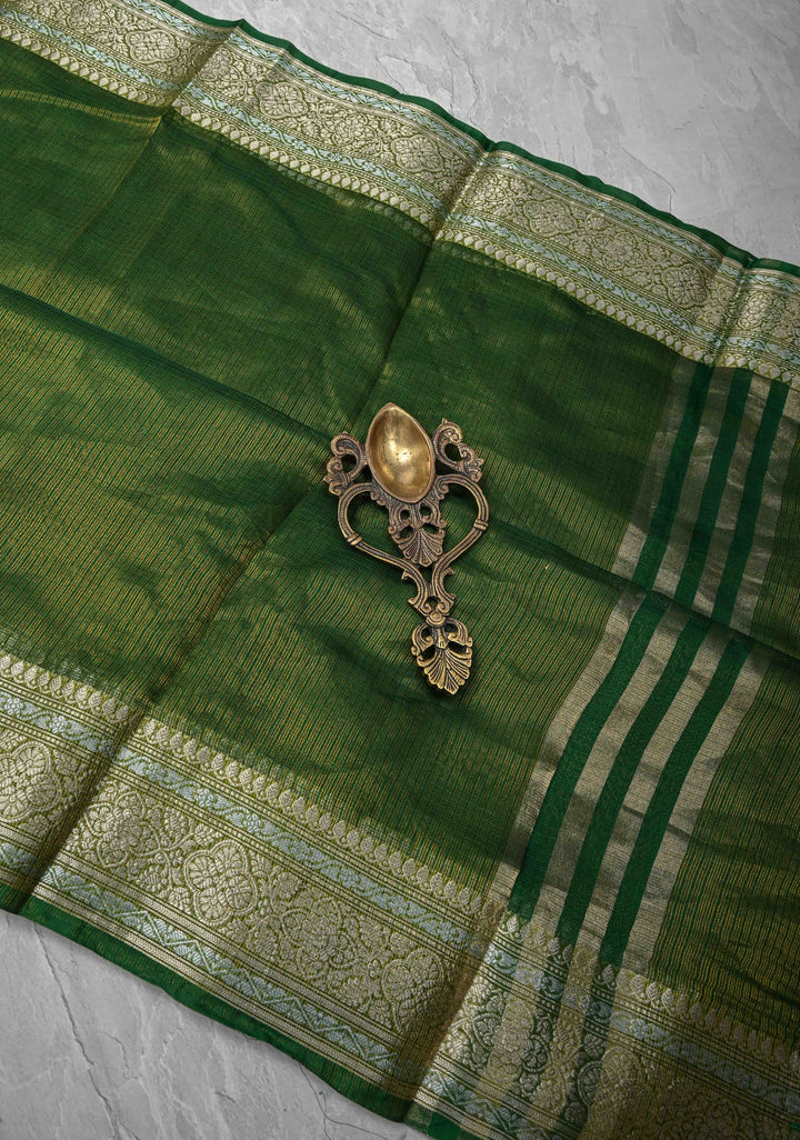 Green Kota Doria Tissue Cotton Saree with Sona Rupa Zari Border