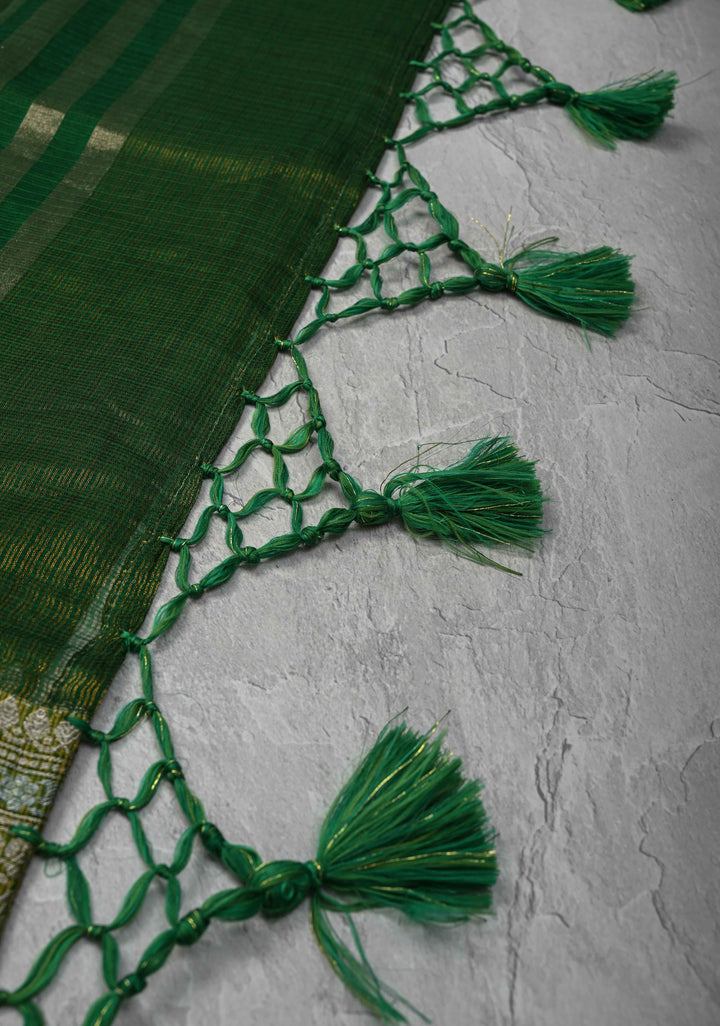 Green Kota Doria Tissue Cotton Saree with Sona Rupa Zari Border