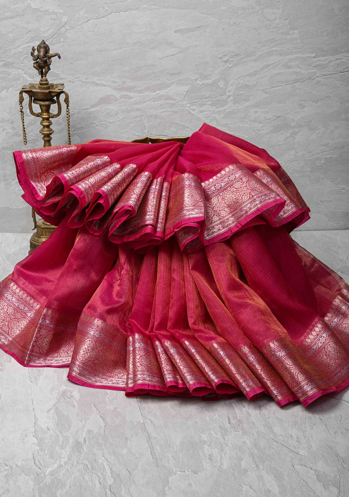 Pink Kota Doria Tissue Cotton Saree with Sona Rupa Zari Border