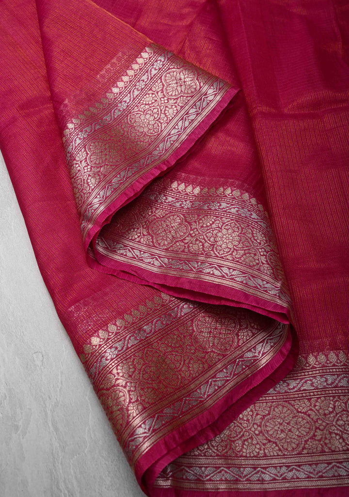 Pink Kota Doria Tissue Cotton Saree with Sona Rupa Zari Border