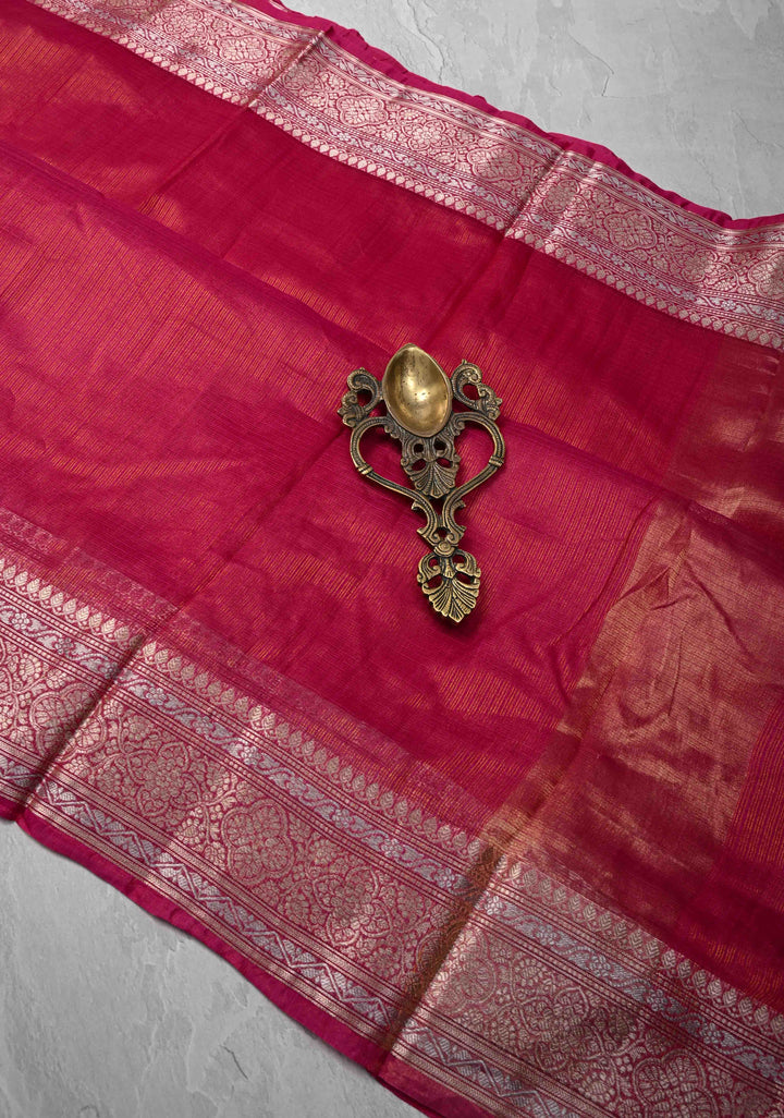 Pink Kota Doria Tissue Cotton Saree with Sona Rupa Zari Border