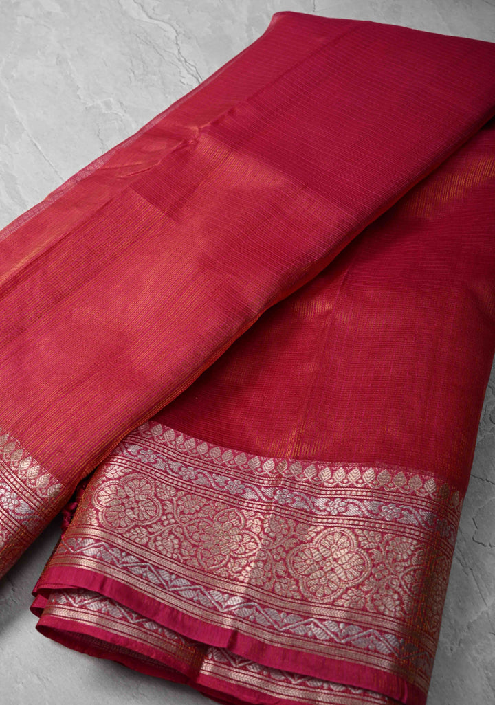 Pink Kota Doria Tissue Cotton Saree with Sona Rupa Zari Border