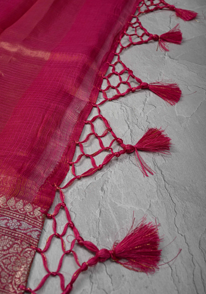 Pink Kota Doria Tissue Cotton Saree with Sona Rupa Zari Border