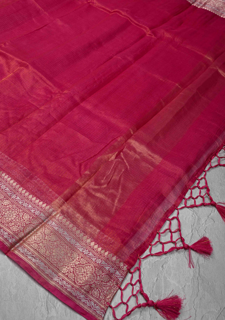Pink Kota Doria Tissue Cotton Saree with Sona Rupa Zari Border