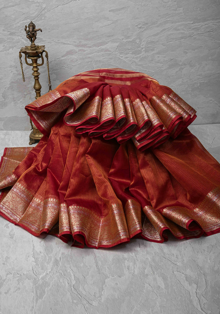 Maroon Kota Doria Tissue Cotton Saree with Sona Rupa Zari Border