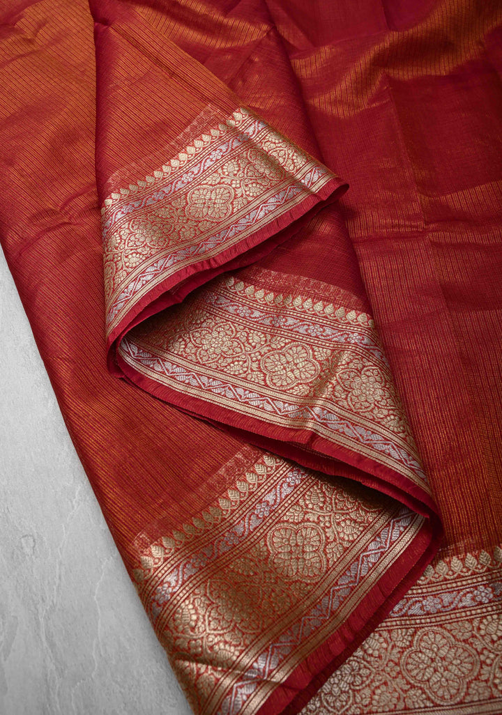 Maroon Kota Doria Tissue Cotton Saree with Sona Rupa Zari Border