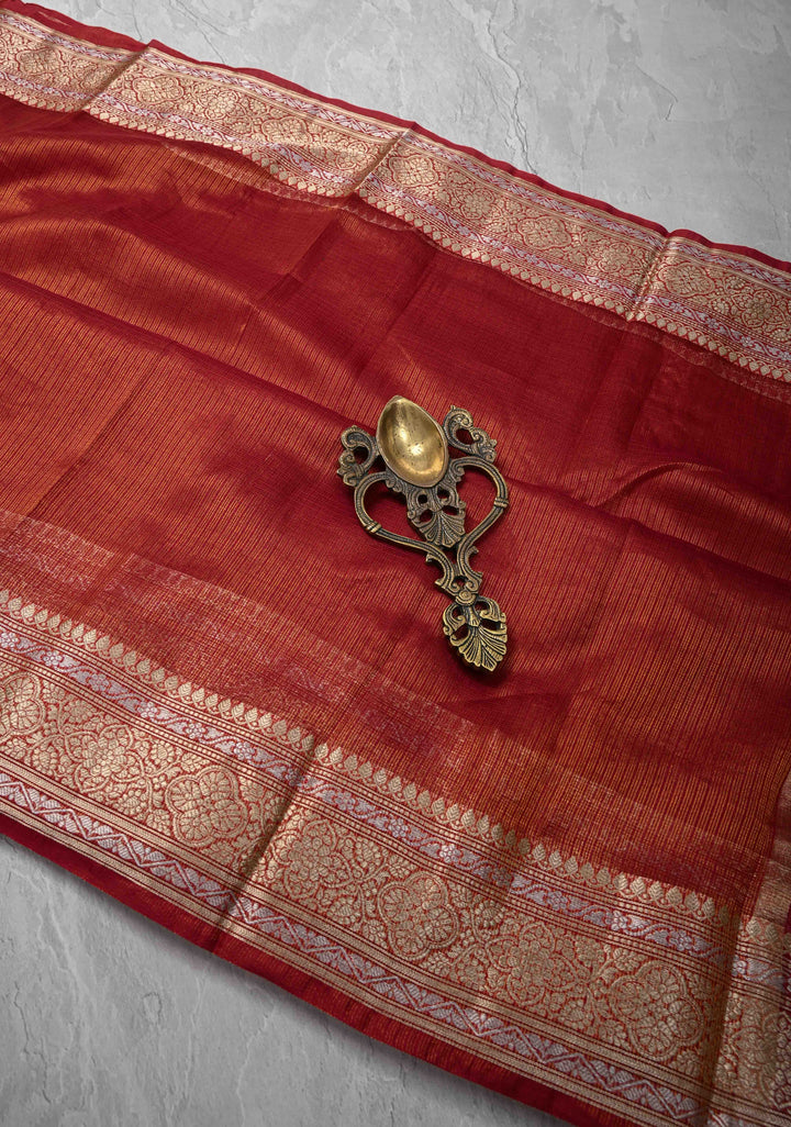 Maroon Kota Doria Tissue Cotton Saree with Sona Rupa Zari Border