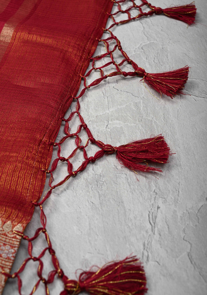 Maroon Kota Doria Tissue Cotton Saree with Sona Rupa Zari Border