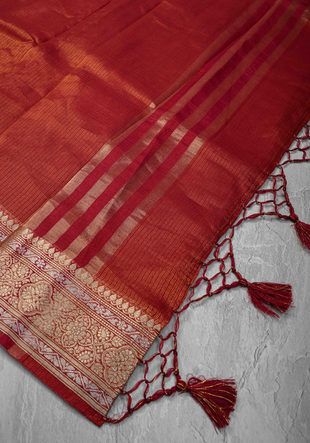 Maroon Kota Doria Tissue Cotton Saree with Sona Rupa Zari Border