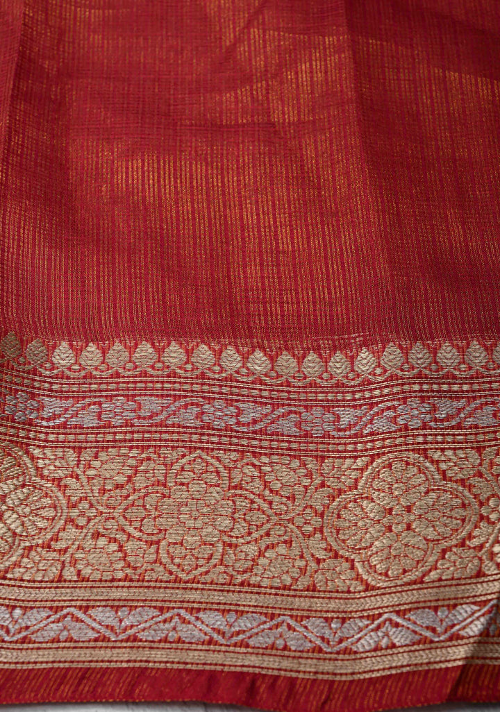 Maroon Kota Doria Tissue Cotton Saree with Sona Rupa Zari Border