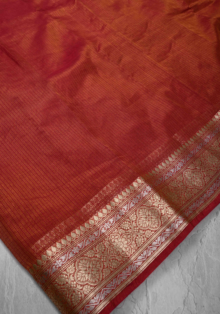 Maroon Kota Doria Tissue Cotton Saree with Sona Rupa Zari Border