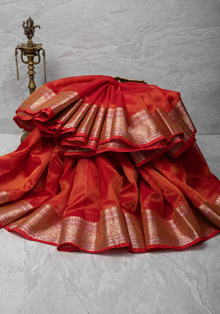 Red Kota Doria Tissue Cotton Saree with Sona Rupa Zari Border